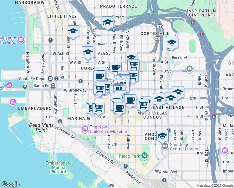 map of restaurants, bars, coffee shops, grocery stores, and more near in San Diego