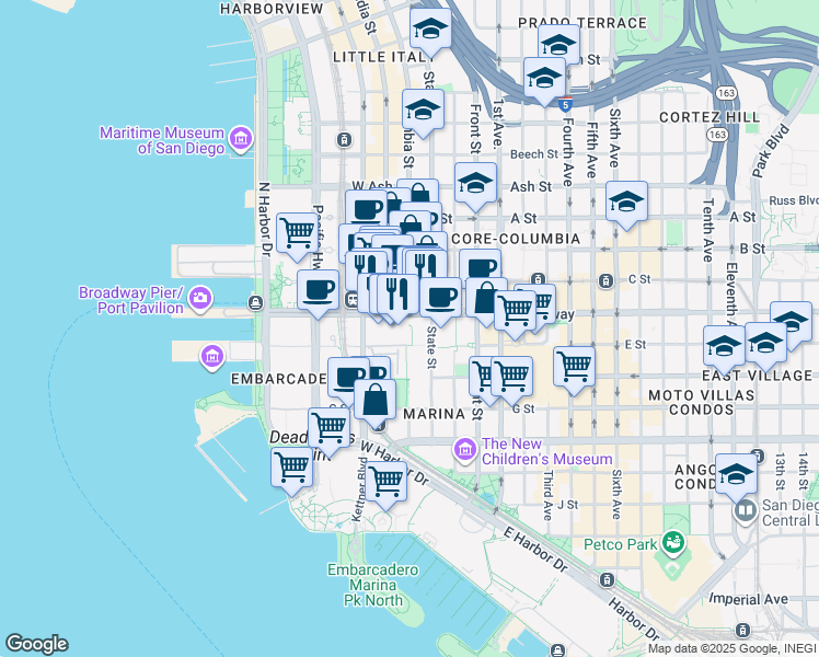 map of restaurants, bars, coffee shops, grocery stores, and more near 501 West Broadway in San Diego