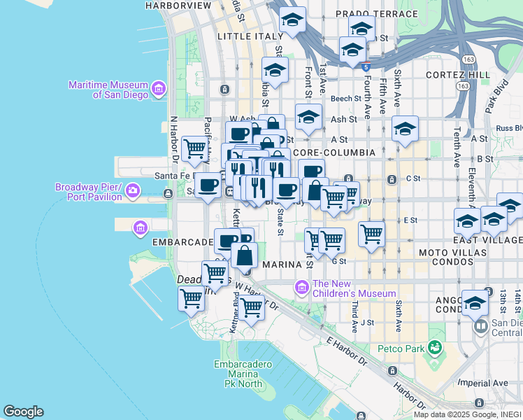 map of restaurants, bars, coffee shops, grocery stores, and more near 501 West Broadway in San Diego