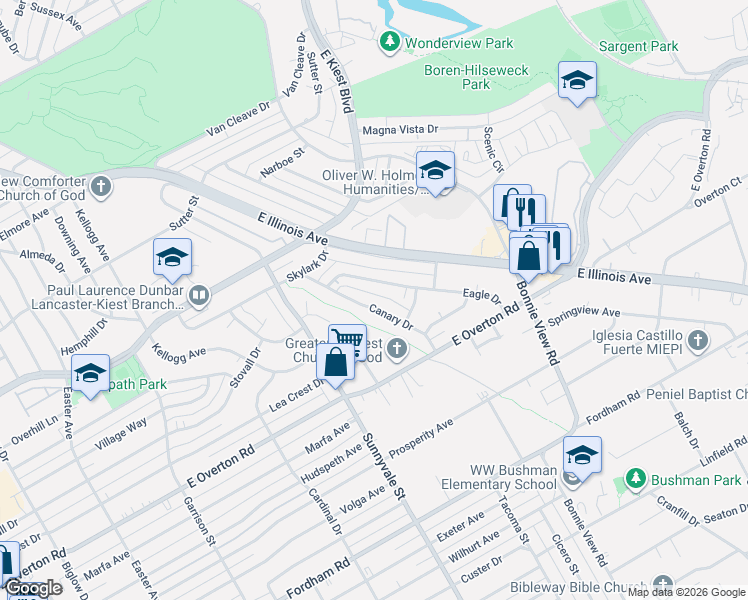 map of restaurants, bars, coffee shops, grocery stores, and more near 2700-2822 Canary Drive in Dallas