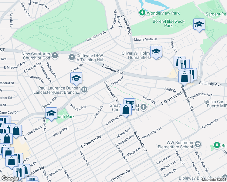 map of restaurants, bars, coffee shops, grocery stores, and more near 3306 Sunnyvale Street in Dallas