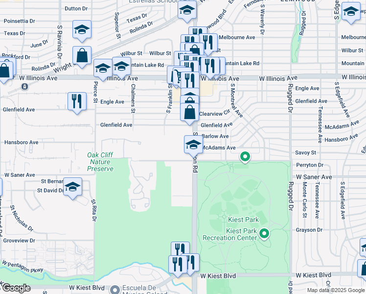 map of restaurants, bars, coffee shops, grocery stores, and more near 2909 South Hampton Road in Dallas