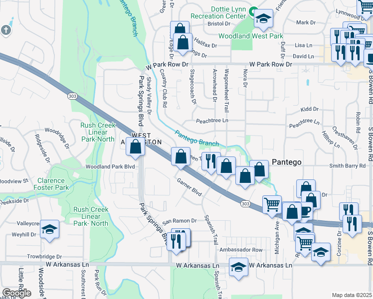 map of restaurants, bars, coffee shops, grocery stores, and more near 3605 Shady Valley Drive in Pantego