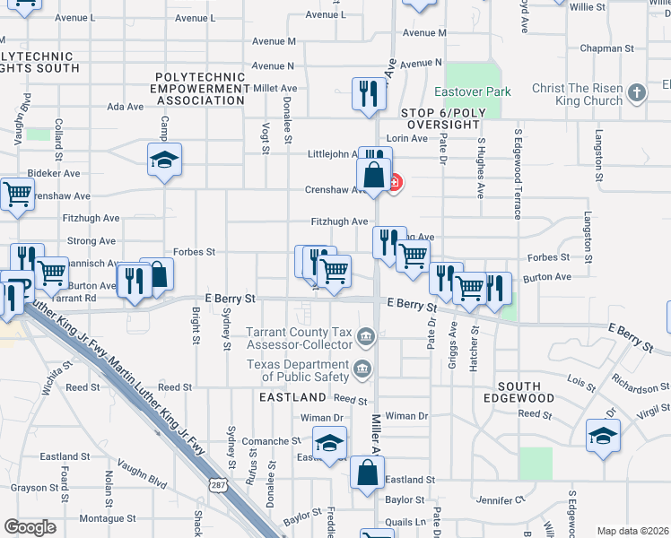 map of restaurants, bars, coffee shops, grocery stores, and more near 4024 Burton Avenue in Fort Worth