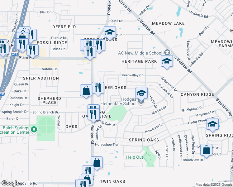 map of restaurants, bars, coffee shops, grocery stores, and more near 13131 Rocky Ledge Drive in Balch Springs