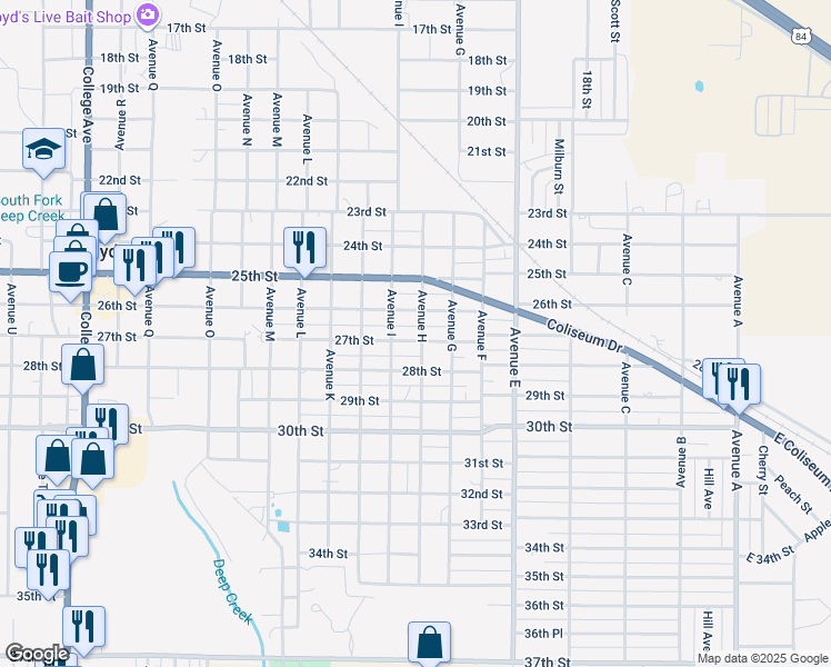 map of restaurants, bars, coffee shops, grocery stores, and more near 801 27th Street in Snyder