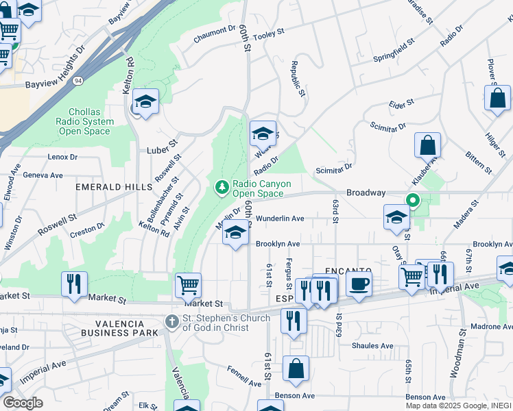 map of restaurants, bars, coffee shops, grocery stores, and more near 6017 Broadway in San Diego