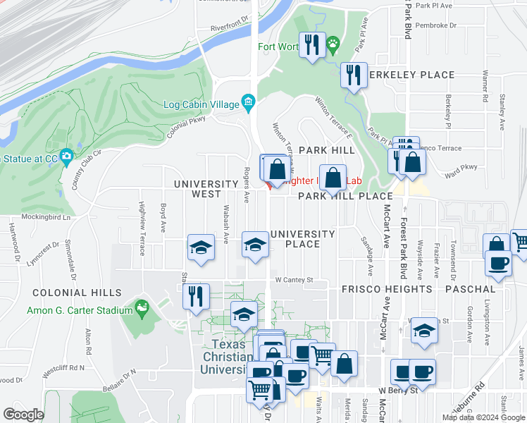 map of restaurants, bars, coffee shops, grocery stores, and more near 2528 South University Drive in Fort Worth