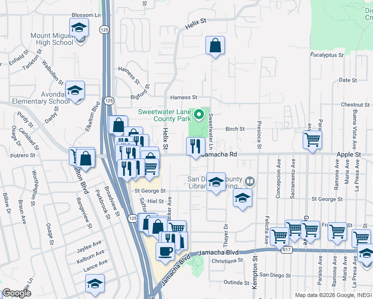 map of restaurants, bars, coffee shops, grocery stores, and more near 1105 Jamacha Lane in Spring Valley