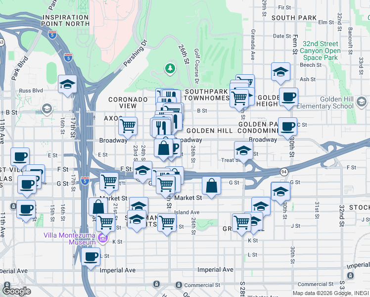 map of restaurants, bars, coffee shops, grocery stores, and more near 2532 E Street in San Diego