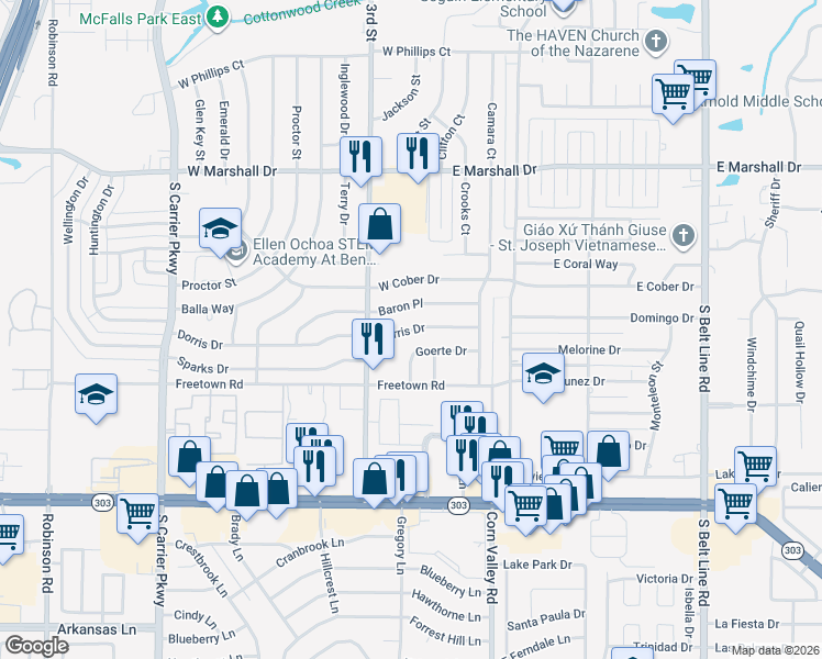 map of restaurants, bars, coffee shops, grocery stores, and more near 201 Dorris Drive in Grand Prairie