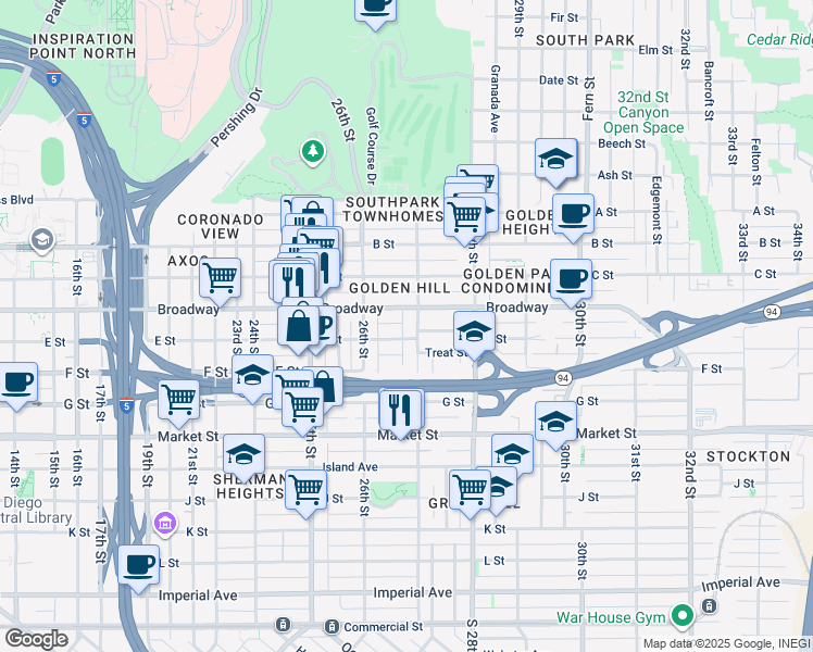 map of restaurants, bars, coffee shops, grocery stores, and more near 2682 E Street in San Diego