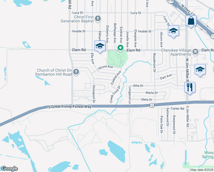 map of restaurants, bars, coffee shops, grocery stores, and more near 216 River Rock Drive in Dallas