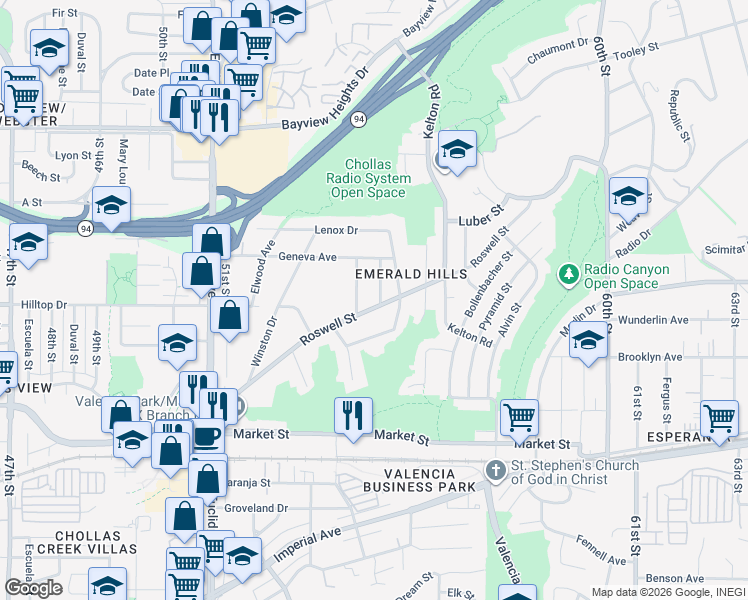 map of restaurants, bars, coffee shops, grocery stores, and more near 5486 Roswell Street in San Diego