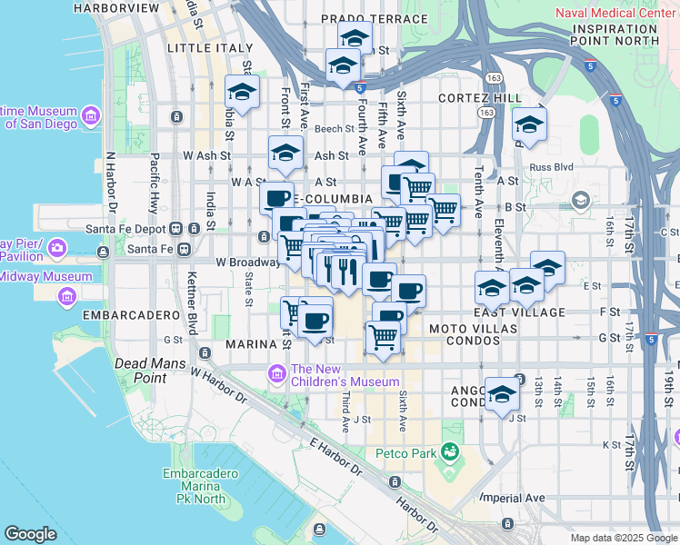 map of restaurants, bars, coffee shops, grocery stores, and more near 475 Horton Plaza in San Diego