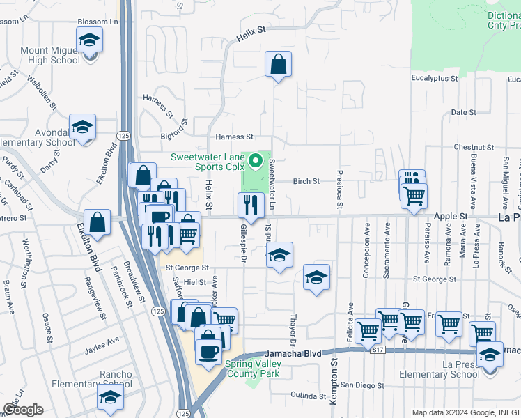 map of restaurants, bars, coffee shops, grocery stores, and more near 8940 Jamacha Road in Spring Valley