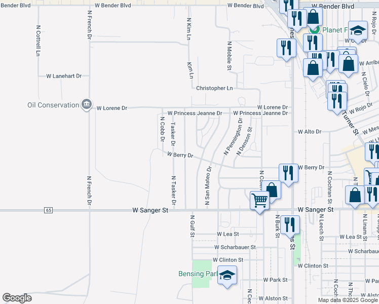 map of restaurants, bars, coffee shops, grocery stores, and more near 1416 West Berry Drive in Hobbs