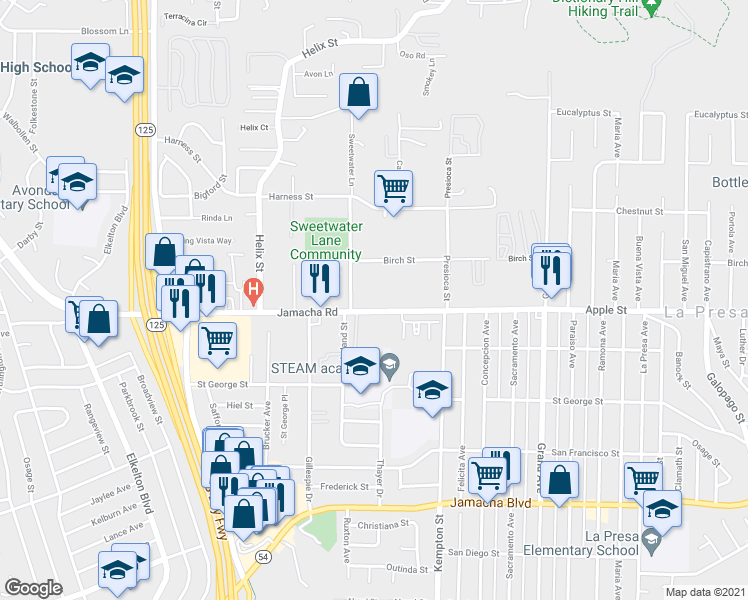 map of restaurants, bars, coffee shops, grocery stores, and more near 9030 Jamacha Road in Spring Valley