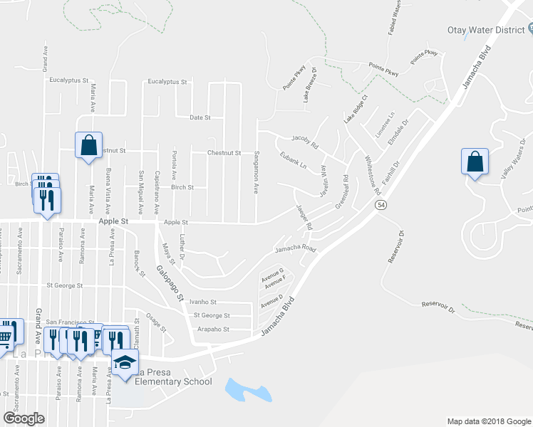 map of restaurants, bars, coffee shops, grocery stores, and more near 9924 Apple Street in Spring Valley