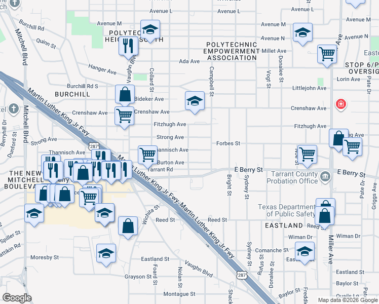 map of restaurants, bars, coffee shops, grocery stores, and more near 3500 Thannisch Avenue in Fort Worth