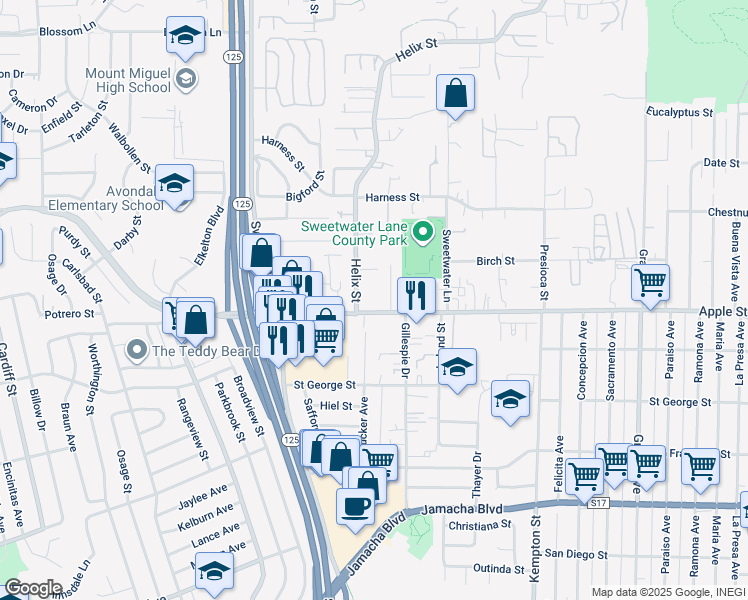 map of restaurants, bars, coffee shops, grocery stores, and more near 8828 Jamacha Road in Spring Valley