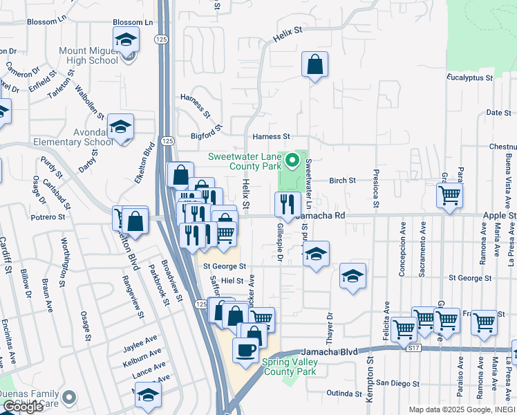 map of restaurants, bars, coffee shops, grocery stores, and more near 8828-32 Jamacha Road in Spring Valley