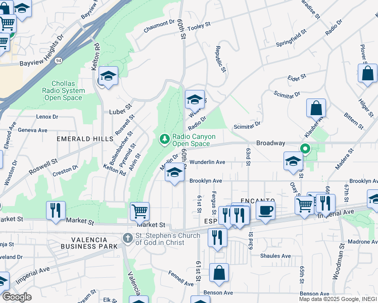 map of restaurants, bars, coffee shops, grocery stores, and more near 6017 Broadway in San Diego