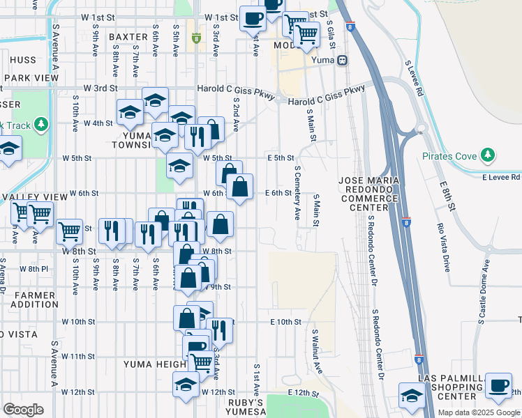 map of restaurants, bars, coffee shops, grocery stores, and more near 641 South 1st Avenue in Yuma