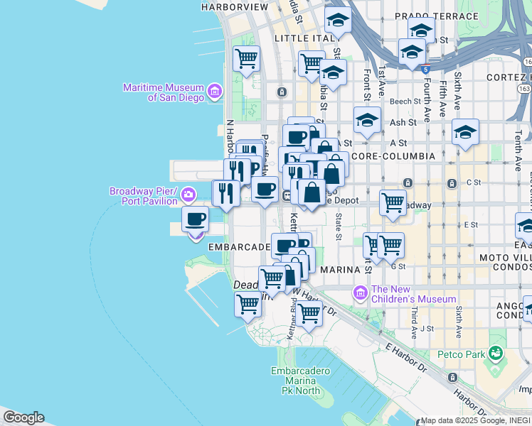 map of restaurants, bars, coffee shops, grocery stores, and more near 971 Pacific Highway in San Diego