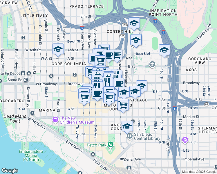 map of restaurants, bars, coffee shops, grocery stores, and more near 965 Eighth Avenue in San Diego