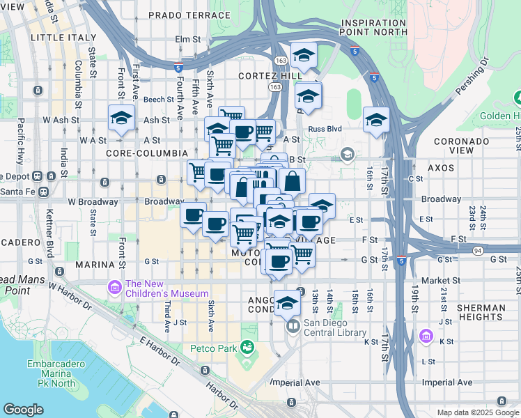map of restaurants, bars, coffee shops, grocery stores, and more near 947 E Street in San Diego
