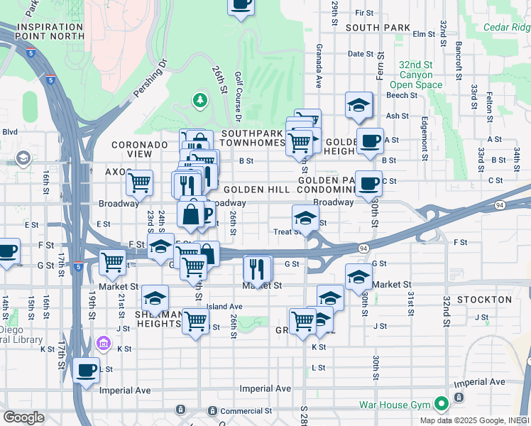 map of restaurants, bars, coffee shops, grocery stores, and more near 2682 E Street in San Diego