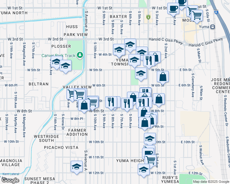 map of restaurants, bars, coffee shops, grocery stores, and more near 660 South 7th Avenue in Yuma