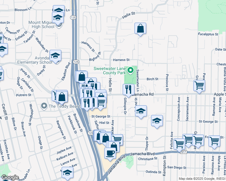 map of restaurants, bars, coffee shops, grocery stores, and more near 8828-32 Jamacha Road in Spring Valley