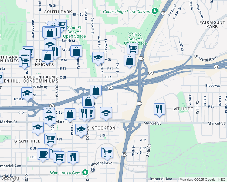 map of restaurants, bars, coffee shops, grocery stores, and more near Market Street in San Diego