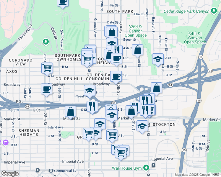map of restaurants, bars, coffee shops, grocery stores, and more near 2964 E Street in San Diego