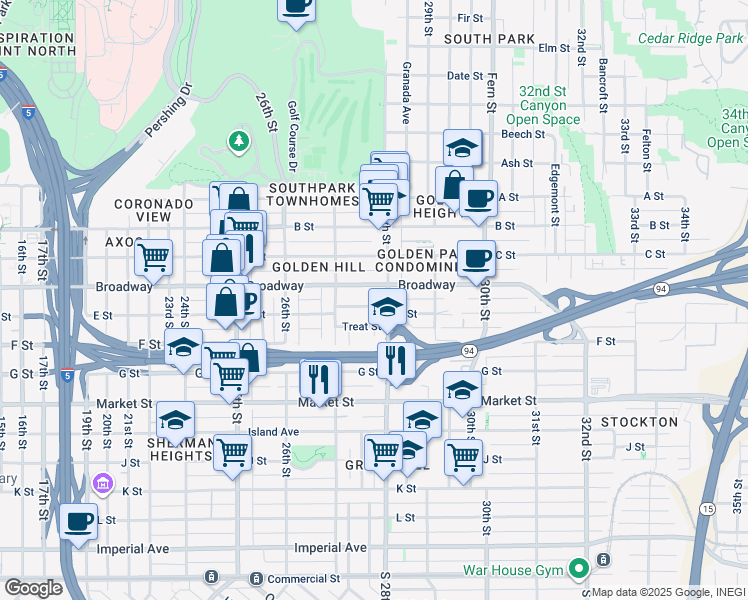 map of restaurants, bars, coffee shops, grocery stores, and more near 2743 E Street in San Diego