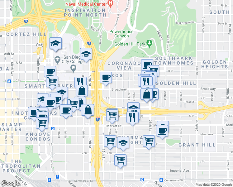 map of restaurants, bars, coffee shops, grocery stores, and more near 917 20th Street in San Diego