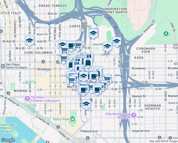 map of restaurants, bars, coffee shops, grocery stores, and more near in San Diego