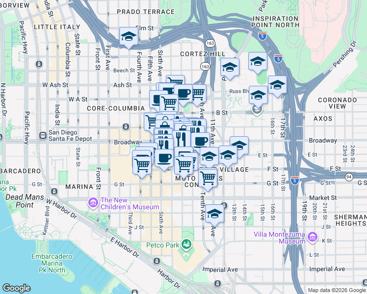 map of restaurants, bars, coffee shops, grocery stores, and more near 965 Eighth Avenue in San Diego