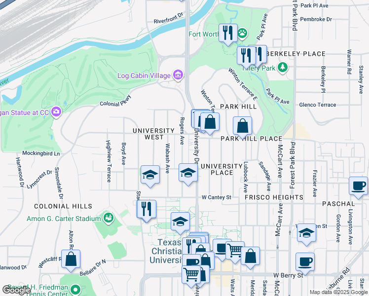 map of restaurants, bars, coffee shops, grocery stores, and more near 2536 Rogers Avenue in Fort Worth