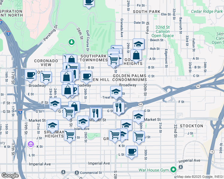 map of restaurants, bars, coffee shops, grocery stores, and more near 2790 E Street in San Diego
