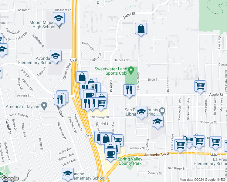 map of restaurants, bars, coffee shops, grocery stores, and more near 1117 Helix Street in Spring Valley