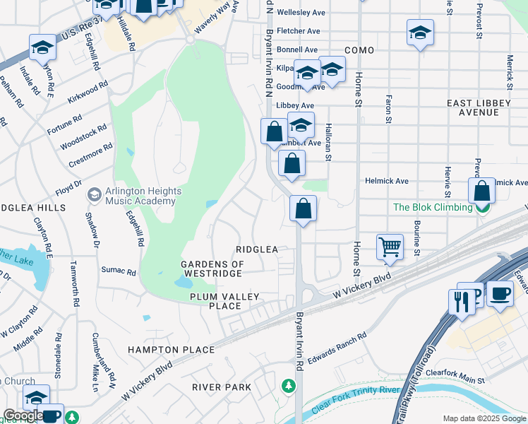 map of restaurants, bars, coffee shops, grocery stores, and more near 4613 Winthrop Avenue East in Fort Worth