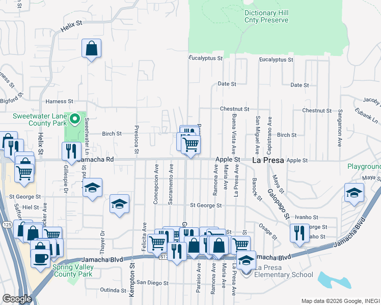 map of restaurants, bars, coffee shops, grocery stores, and more near 1015-17 Grand Avenue in Spring Valley