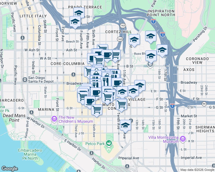 map of restaurants, bars, coffee shops, grocery stores, and more near 965 Eighth Avenue in San Diego