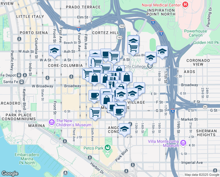 map of restaurants, bars, coffee shops, grocery stores, and more near 947 E Street in San Diego