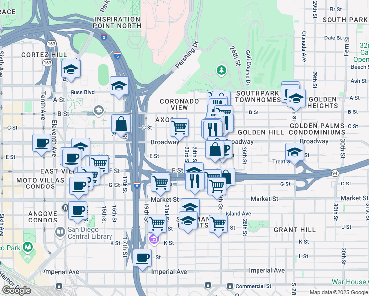 map of restaurants, bars, coffee shops, grocery stores, and more near 2202 E Street in San Diego