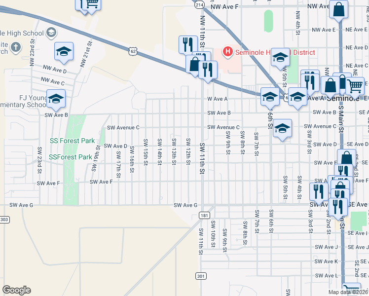 map of restaurants, bars, coffee shops, grocery stores, and more near 404 Southwest 12th Street in Seminole