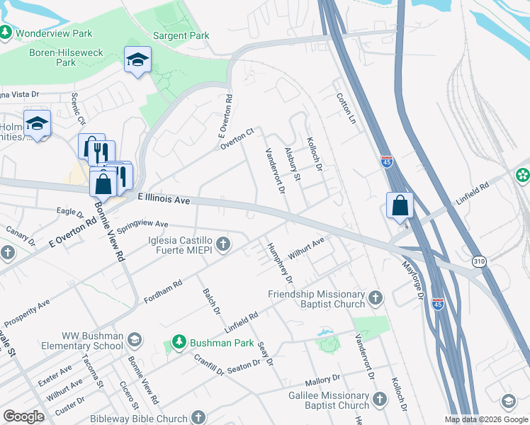 map of restaurants, bars, coffee shops, grocery stores, and more near 3416 East Illinois Avenue in Dallas